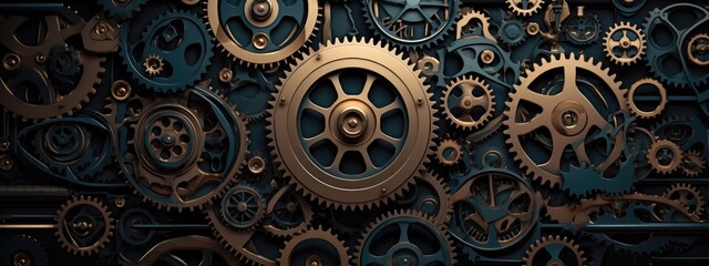 Intricate interlocking gears form a dynamic mechanical pattern, presenting an industrial background. Generative AI