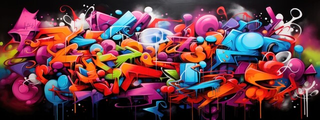 Layers of vibrant graffiti art intertwine, forming an urban street art background. Generative AI