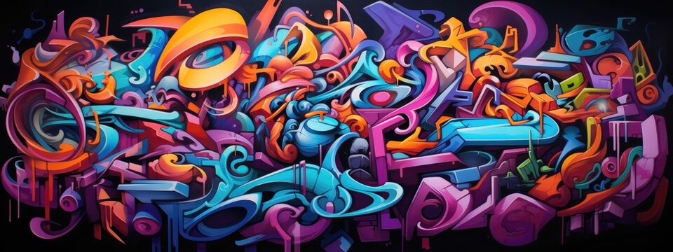 Fototapeta Layers of vibrant graffiti art intertwine, forming an urban street art background. Generative AI