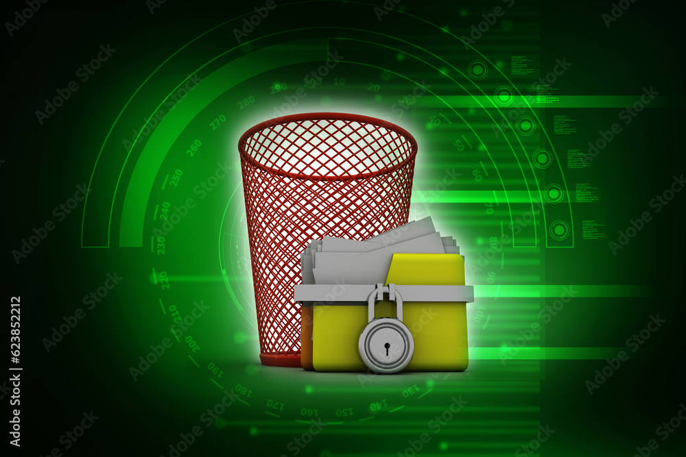 Poster yellow folder lock recycle bin. data security concept. 3d rendering