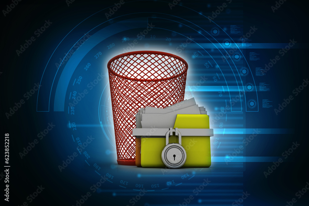 Poster yellow folder lock recycle bin. data security concept. 3d rendering