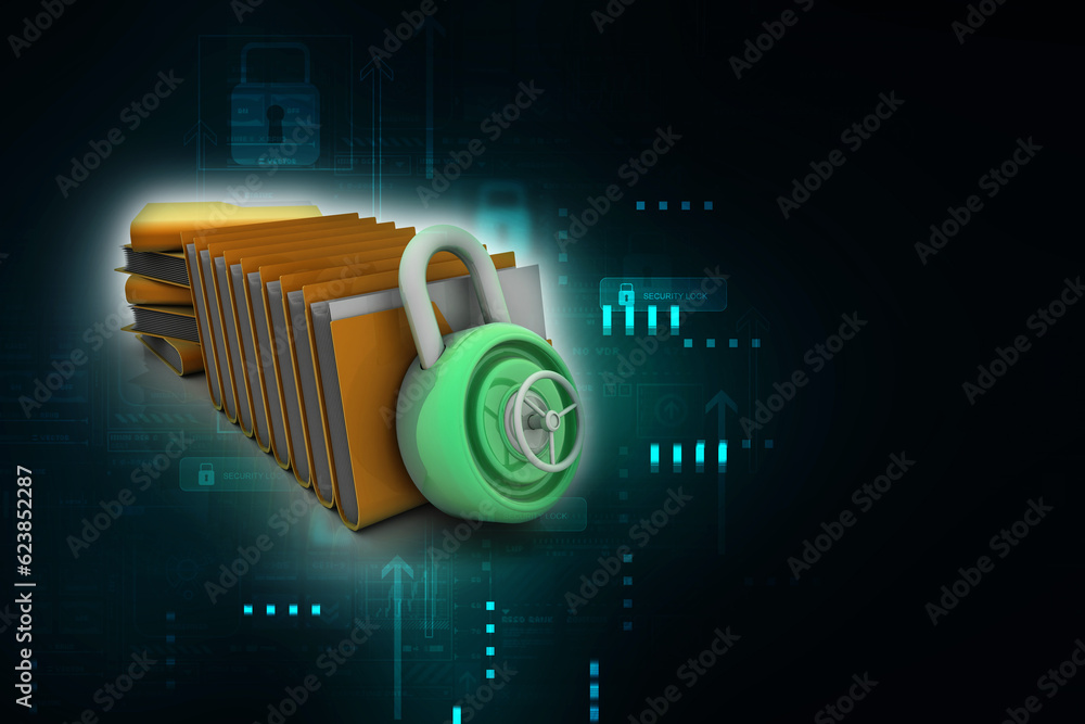 Poster 3d rendering yellow folder and lock. data security concept