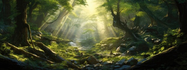 Sunlight filters through dense foliage, casting dappled shadows on a lush forest background. Generative AI