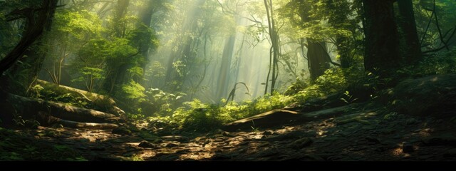 Sunlight filters through dense foliage, casting dappled shadows on a lush forest background. Generative AI