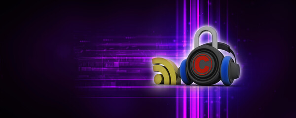 Obraz premium 3d illustration WiFi symbol with copyright protection lock connected headphone