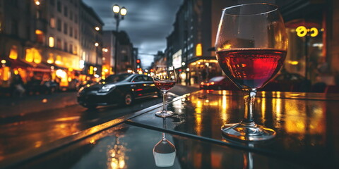 glass of red wine on table in street cafe at evening on city blurred car traffic light