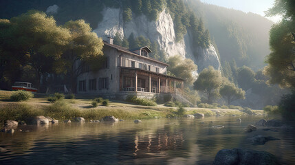 Beautiful villa on the lake with mountains in the background, 8k, generative ai