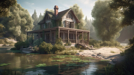 Beautiful villa on the lake with mountains in the background, 8k, generative ai