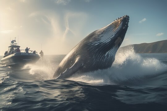 A team of marine biologists on a boat, thrilled by the sight of a humpback whale breaching the ocean surface. Generative AI