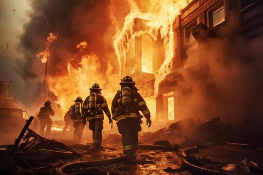 Fearless firefighters displaying immense bravery, rescuing people from a burning building with heroic determination. Generative AI