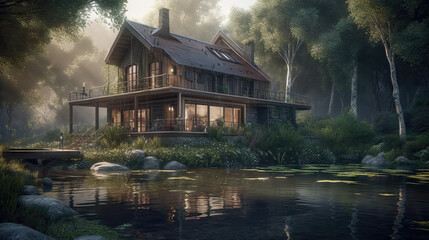 Beautiful villa on the lake with mountains in the background, 8k, generative ai