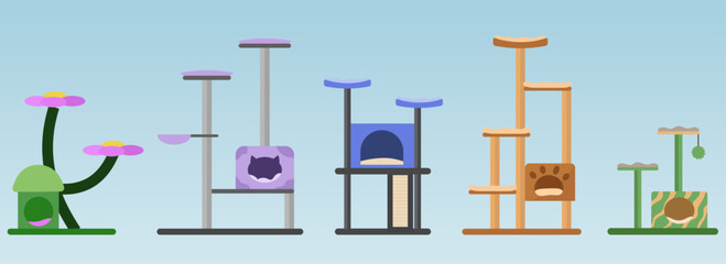 Cat tree with home. Furniture set for kittens, scratching board, set of cat tree vector illustration