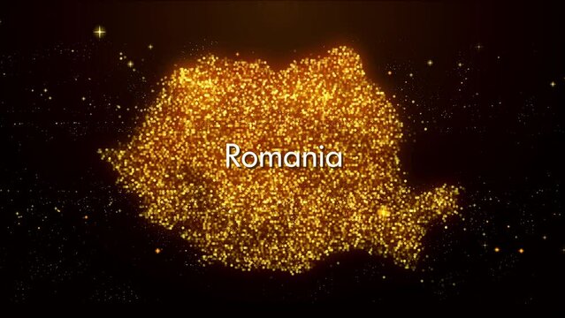Abstract Motion Reveal Golden Orange Glowing Shiny Blurry Focus Stary Sparks Dots Mosaic Particles Romania Map w.o. Label Text