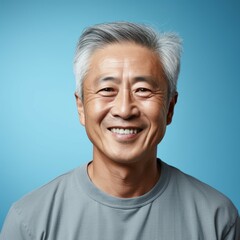 Obraz premium Portrait of a smiling senior Asian man with gray hair. Closeup face of a handsome Chinese old man smiling at camera on a blue background. Front view of a happy aged Japanese man in a gray shirt.