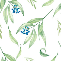 Watercolor twigs with blue berries on a white background. Seamless pattern.