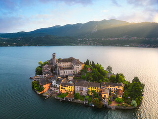 Aerial view of San Giulio island, Orta Lake, Italy