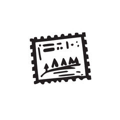 Travel through time with this postage stamp doodle, a tiny piece of history brimming with stories and memories. Explore the world one stamp at a time. Vector black and white illustration with trees.