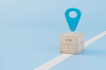 delivery of parcels to the specified address. Parcel and GPS point on a blue background. 3D render - obrazy, fototapety, plakaty
