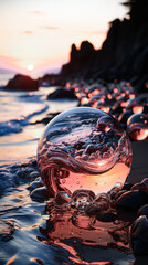 Beach made of glass with red turning sunset.  . Generative AI photos.