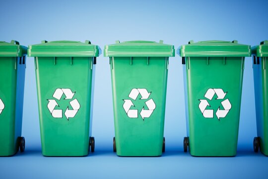 The concept of waste recycling. A trash cans with a recycling icons on blue background. 3D render