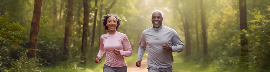 Joyful elderly couple energized by the sun's warmth while running in a summer forest, AI generated