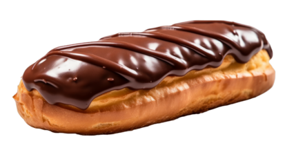A delicious french chocolate eclair pastry with chocolat sauce isolated on a transparent background