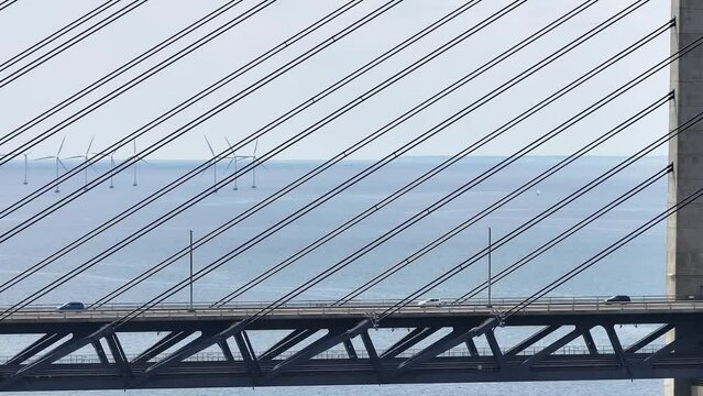Panoramic aerial close up view of Oresund bridge over the Baltic sea between Malmo city in Sweden and Copenhagen in Denmark.