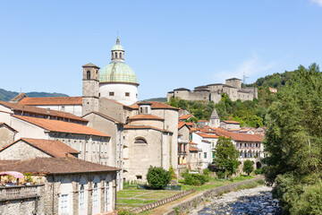 Fototapeta na wymiar a view of Pontremoli city, the castle and the Magra river, Province of Massa and Carrara, Toscana, Italy