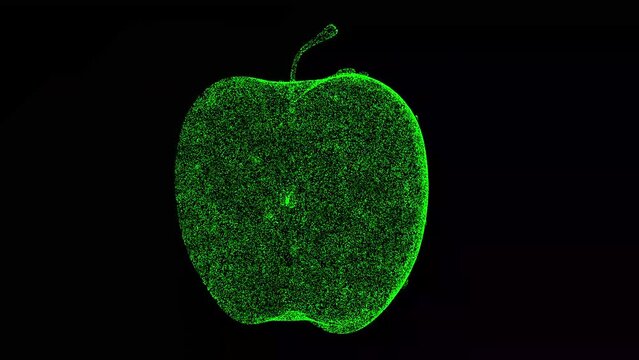 3D Half an apple rotates on black bg. Healthy food concept. Food market, sale of vegetables and fruits. For title, text, presentation. Object made of shimmering particles. 3d animation 60 FPS