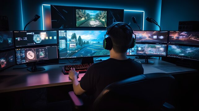 Gamer playing a video game on a multi monitor setup. generative AI