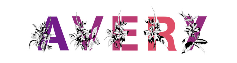 Woman's name Avery. Font composition named AVERY. Decorative floral font. Typography in the style of art nouveau, modern, vintage.