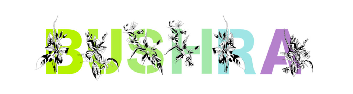 Woman's name Bushra. Font composition named BUSHRA. Decorative floral font. Typography in the style of art nouveau, modern, vintage.