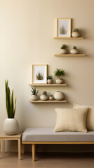 Floating decorative wall shelves. Generative AI photos.