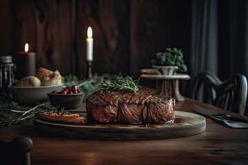 Grilled Beef Steak on Plate with Restaurant Table Background