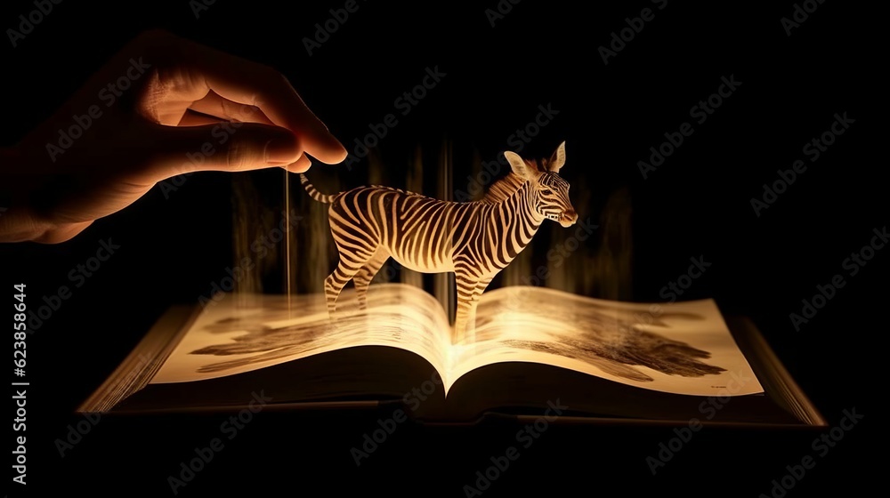 Poster paper book with 3d fantasy projection with flying butterflies and birds. printed pages of a creative