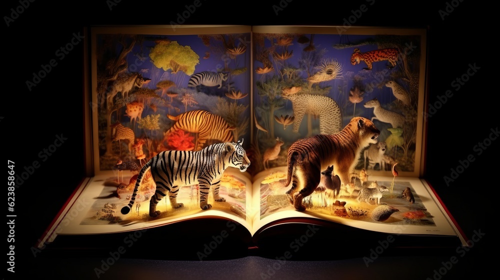 Poster paper book with 3d fantasy projection with flying butterflies and birds. printed pages of a creative