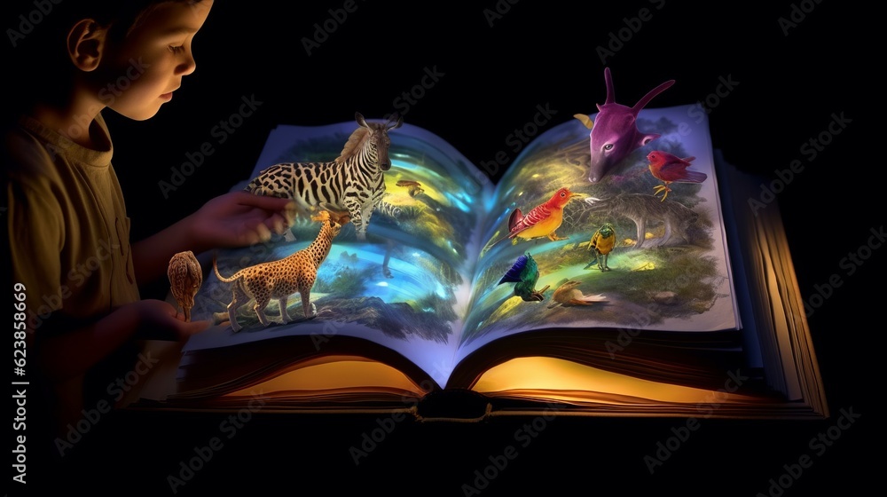 Poster paper book with 3d fantasy projection with flying butterflies and birds. printed pages of a creative