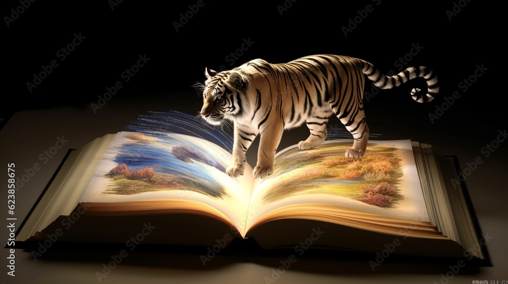 Poster paper book with 3d fantasy projection with flying butterflies and birds. printed pages of a creative