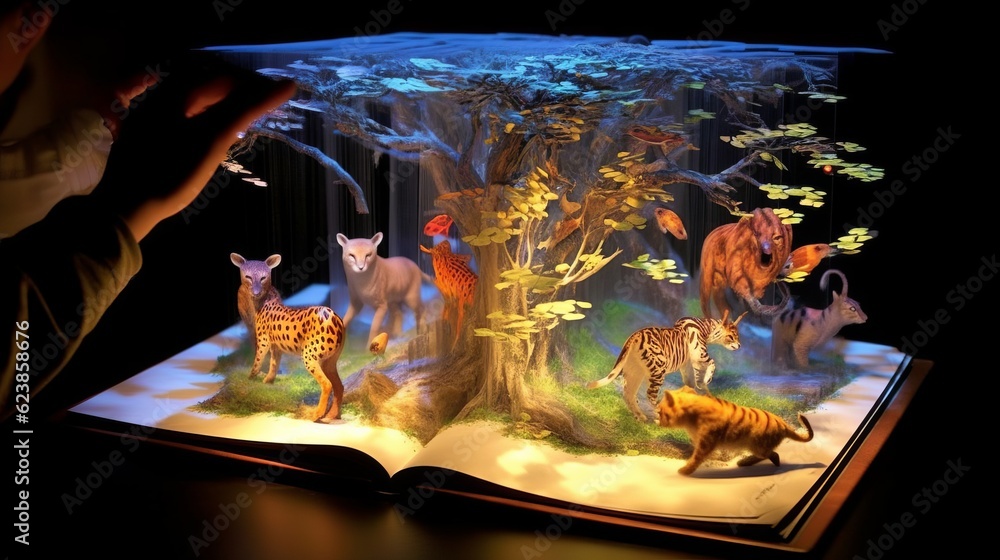 Poster paper book with 3d fantasy projection with flying butterflies and birds. printed pages of a creative
