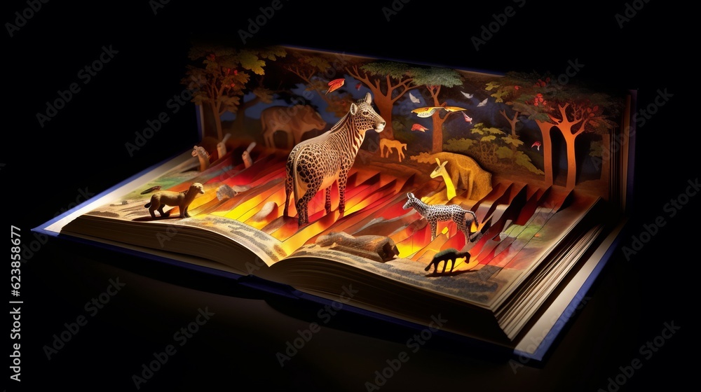 Poster paper book with 3d fantasy projection with flying butterflies and birds. printed pages of a creative