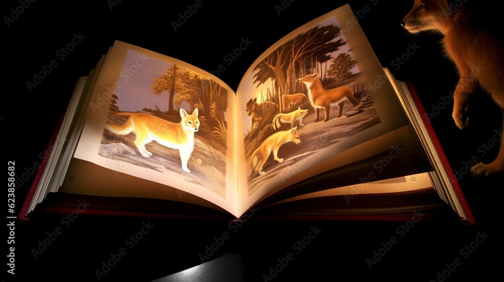 Poster paper book with 3d fantasy projection with flying butterflies and birds. printed pages of a creative