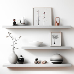 Three floating decorative wall shelves. Generative AI photos.