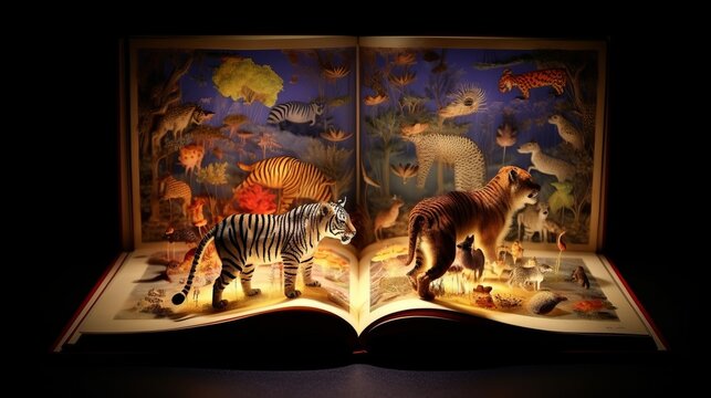 Paper book with 3D fantasy projection with flying butterflies and birds. Printed pages of a creative edition for the library. Creativity inside books.
Generative AI