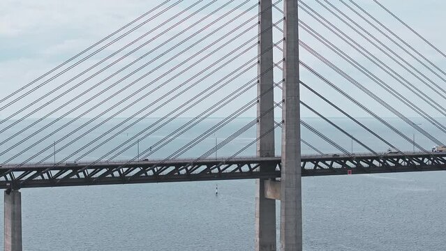 Panoramic aerial close up view of Oresund bridge over the Baltic sea between Malmo city in Sweden and Copenhagen in Denmark.