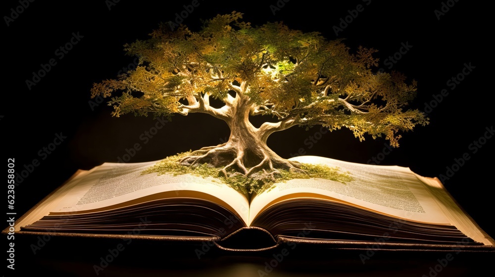 Poster paper book with 3d fantasy projection with flying butterflies and birds. printed pages of a creative