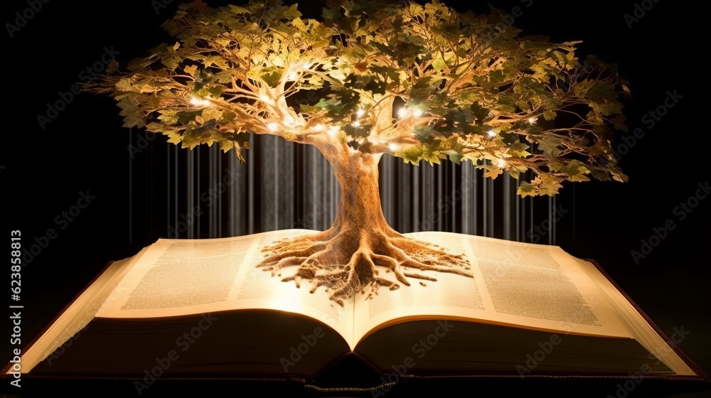 Poster paper book with 3d fantasy projection with flying butterflies and birds. printed pages of a creative