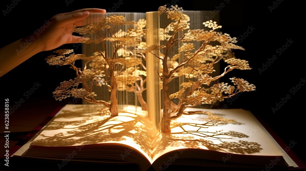 Poster paper book with 3d fantasy projection with flying butterflies and birds. printed pages of a creative