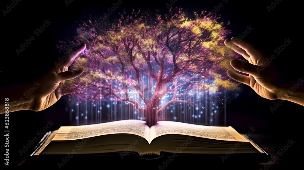 Poster paper book with 3d fantasy projection with flying butterflies and birds. printed pages of a creative