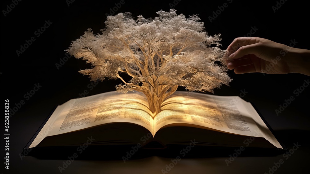 Poster paper book with 3d fantasy projection with flying butterflies and birds. printed pages of a creative