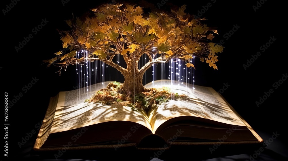 Poster paper book with 3d fantasy projection with flying butterflies and birds. printed pages of a creative